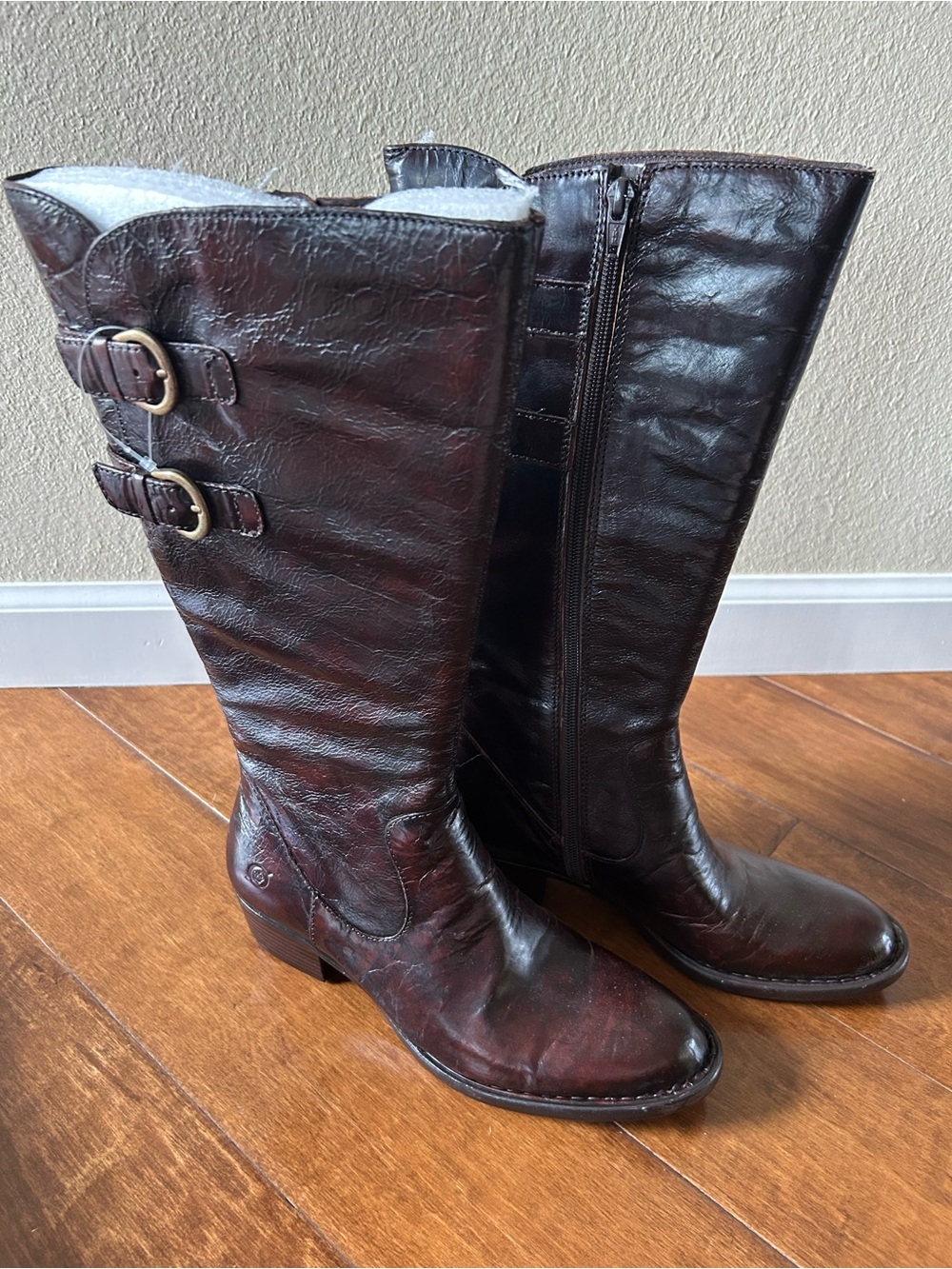 Women’s Born Tall Buckle Leather Boots in Dark Brown